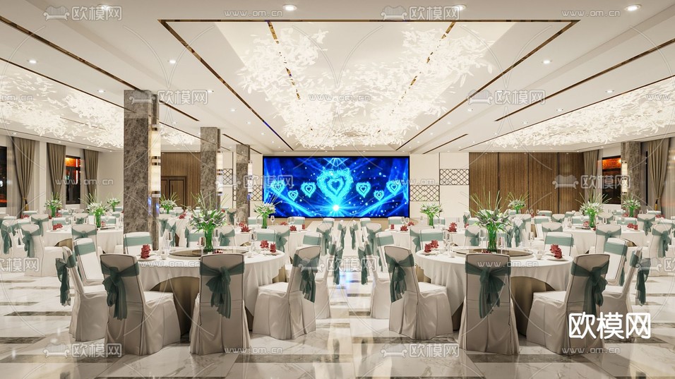 现代轻奢酒店宴会厅3d模型下载