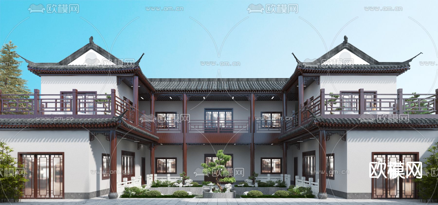 中式联排别墅外观3d模型下载（渲染图2）