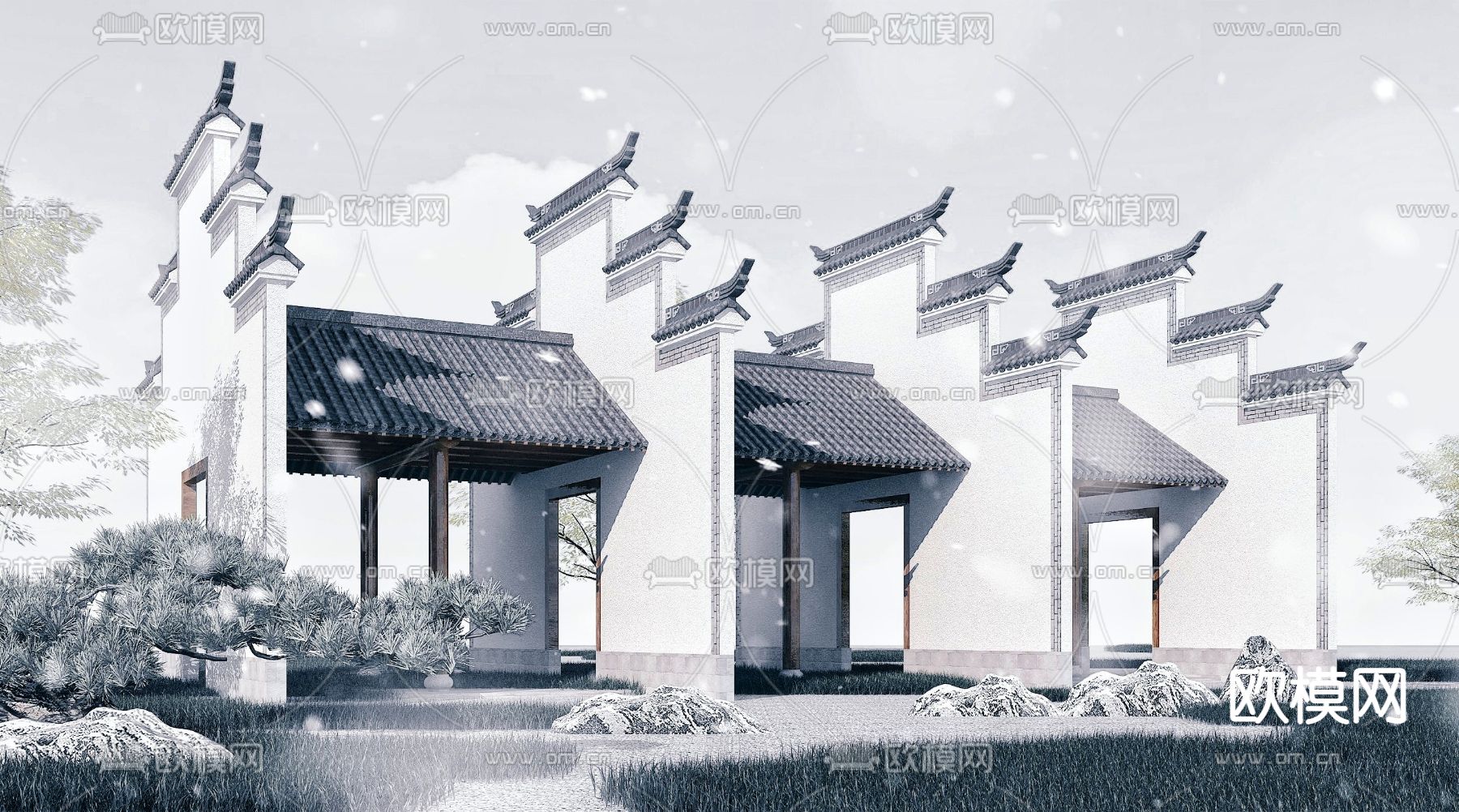 中式徽派长廊廊坊3d模型下载