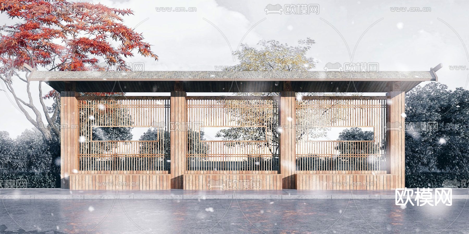 新中式公交车站3d模型下载