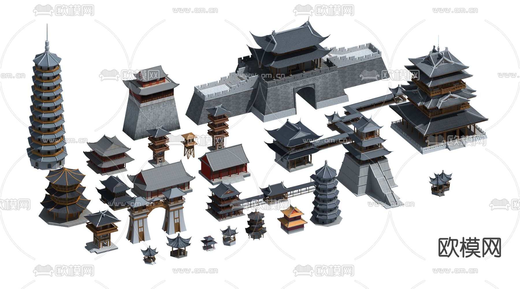 中式古建塔楼城门3d模型