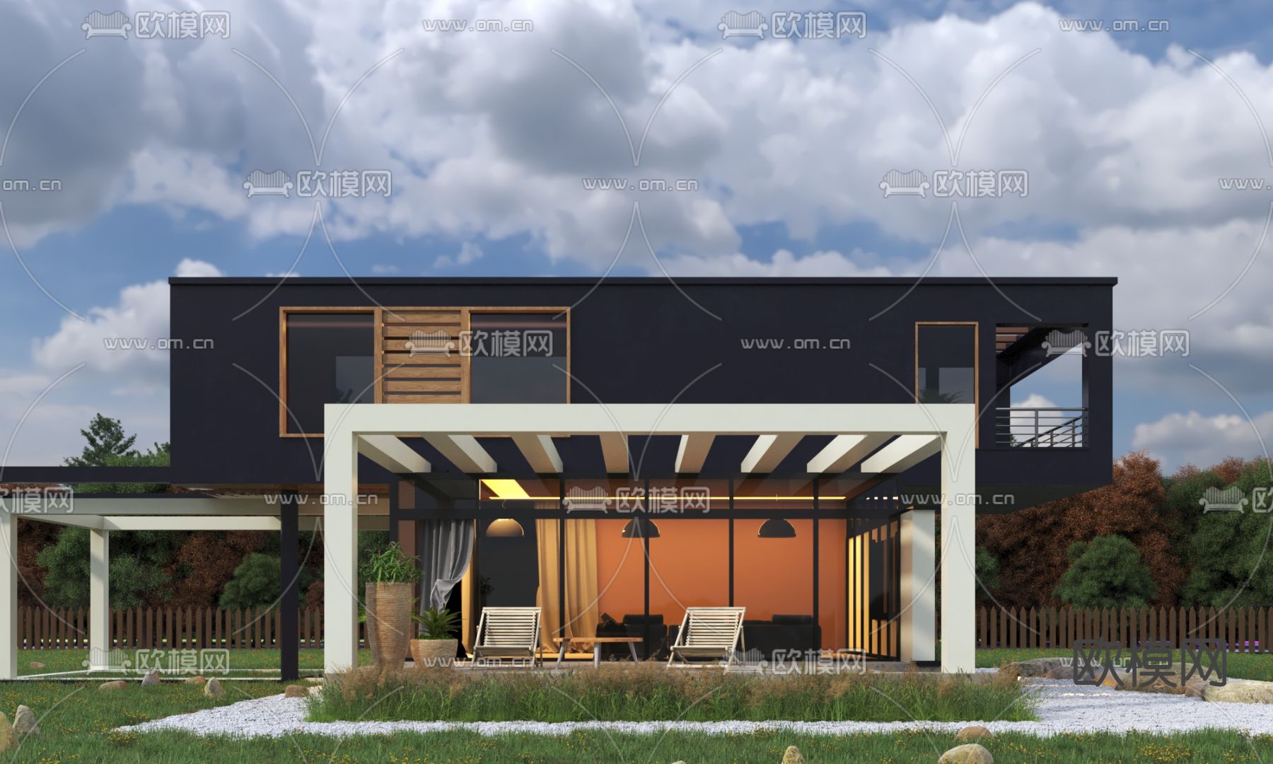 现代独栋别墅外观3d模型下载（渲染图2）