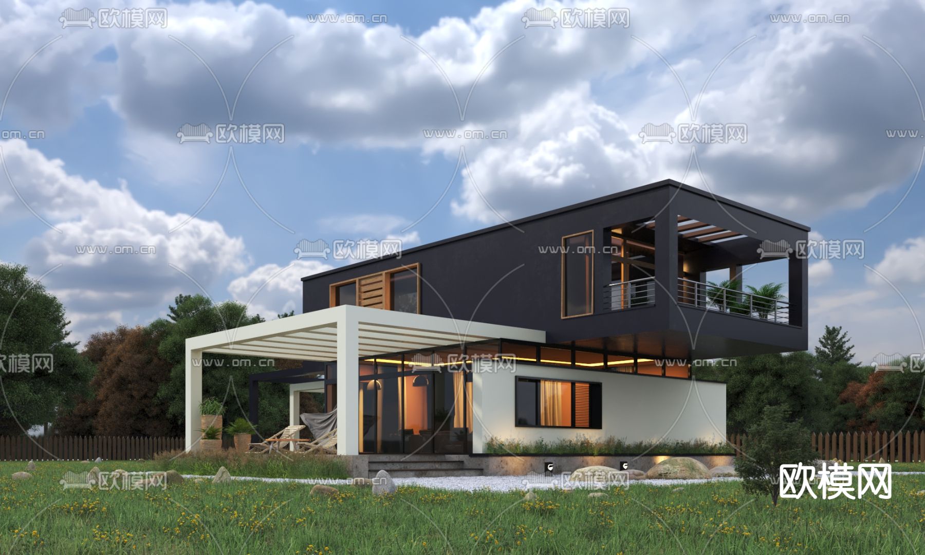 现代独栋别墅外观3d模型下载（渲染图1）