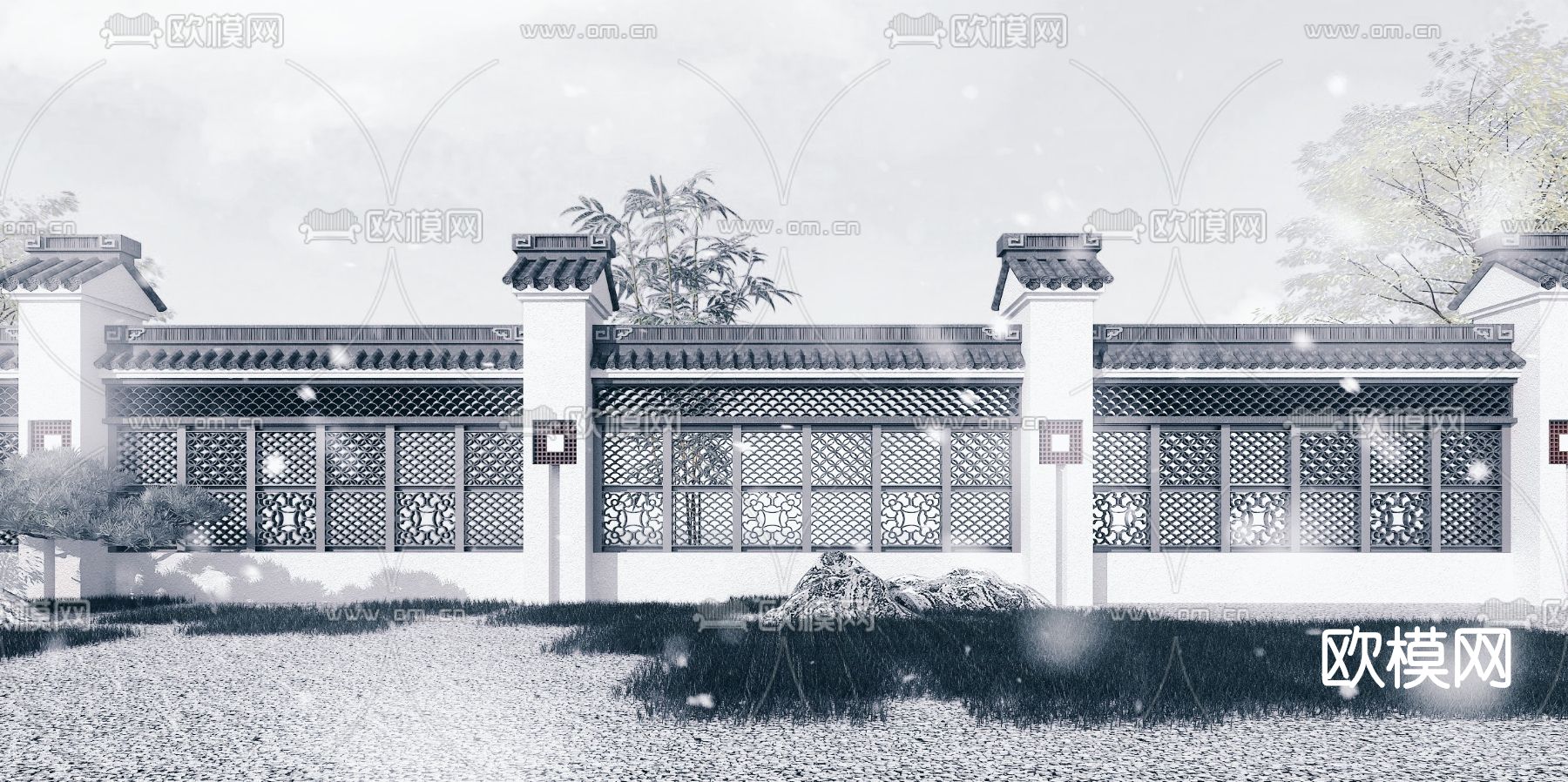 中式围墙护栏3d模型