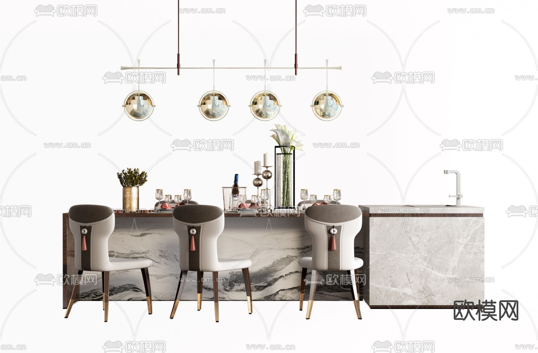 新中式大理石中岛吧台3d模型下载