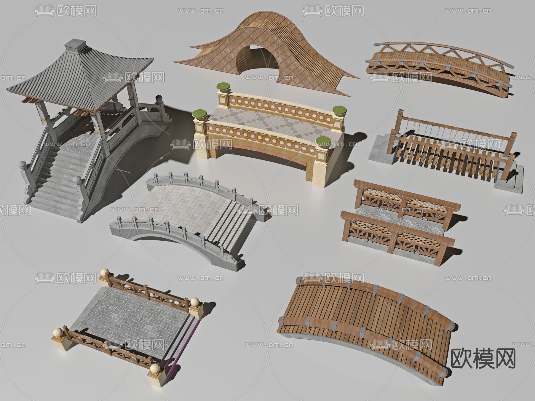 新中式拱桥石桥木桥3d模型下载