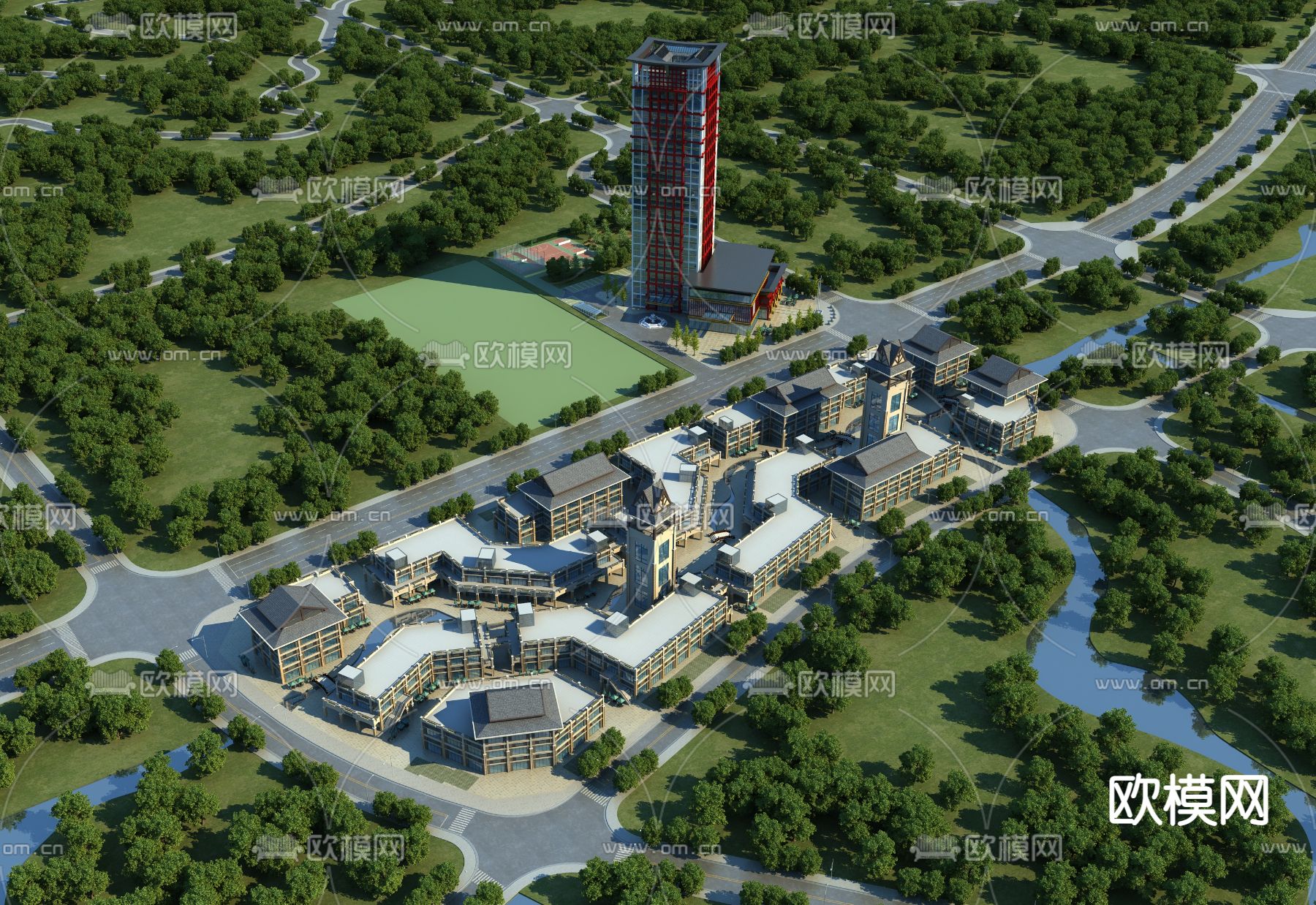 新中式商业街办公楼鸟瞰3d模型下载