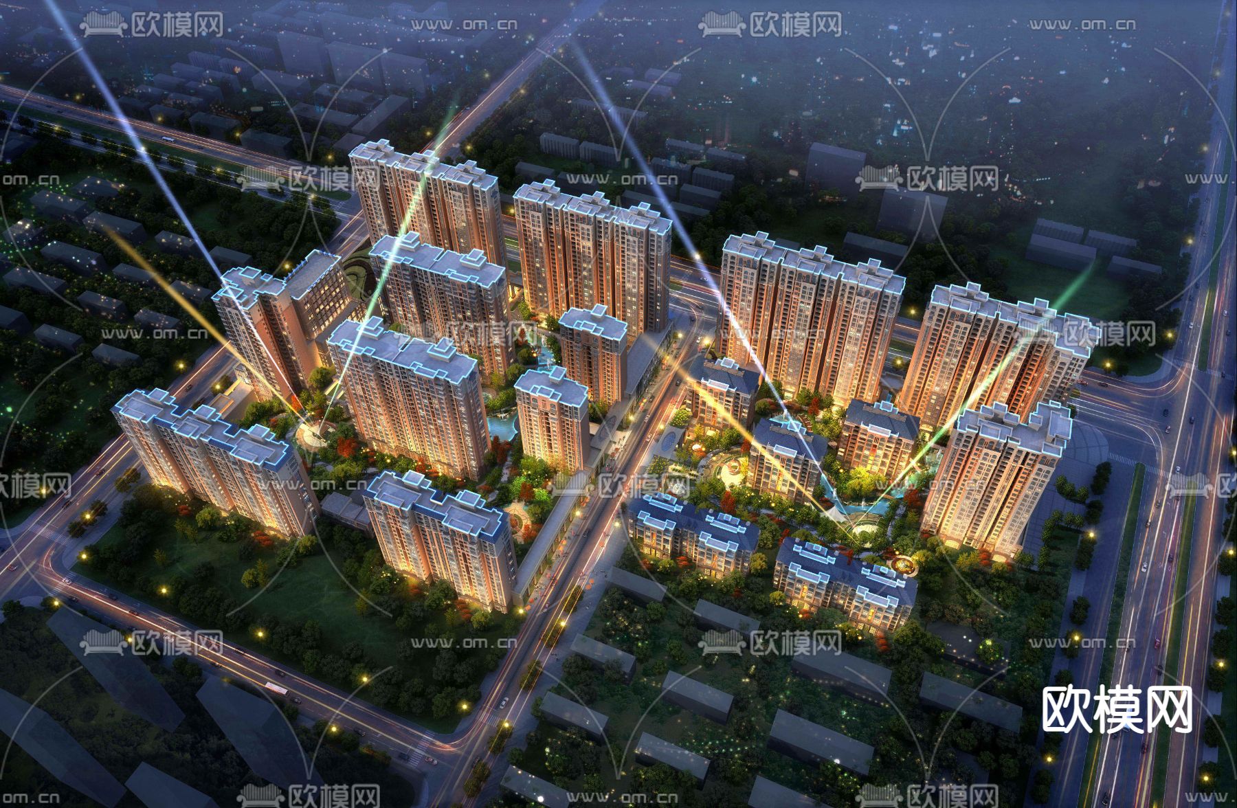 现代住宅小区鸟瞰3d模型下载