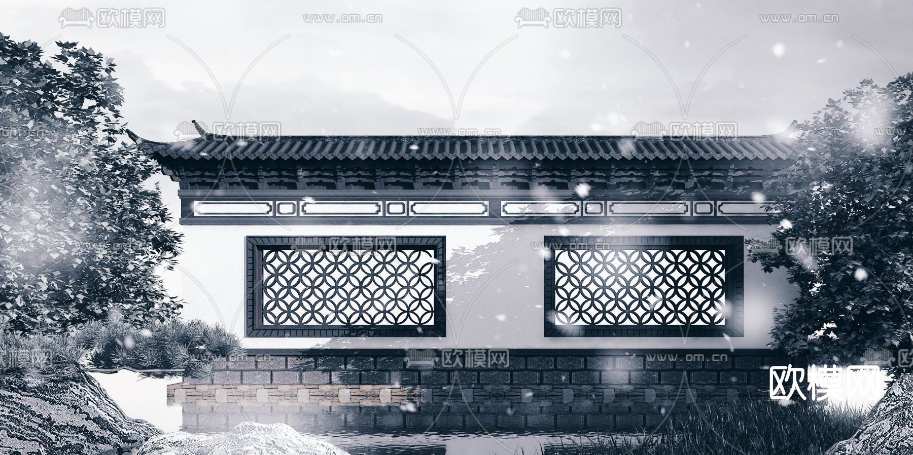 中式影壁墙3d模型下载