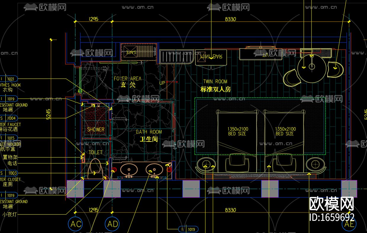 酒店客房cad施工图下载（渲染图4）