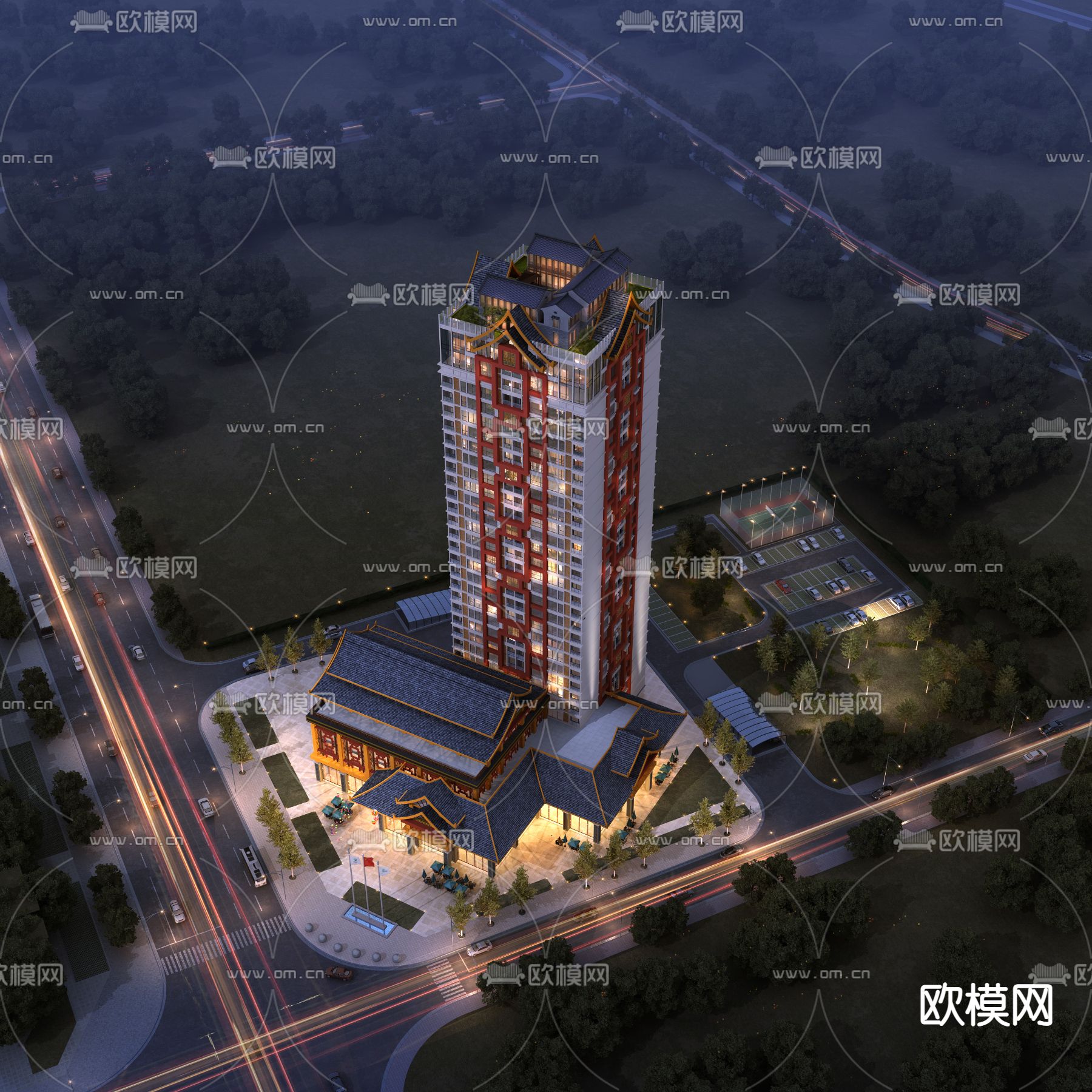 中式高层酒店鸟瞰夜景3d模型下载