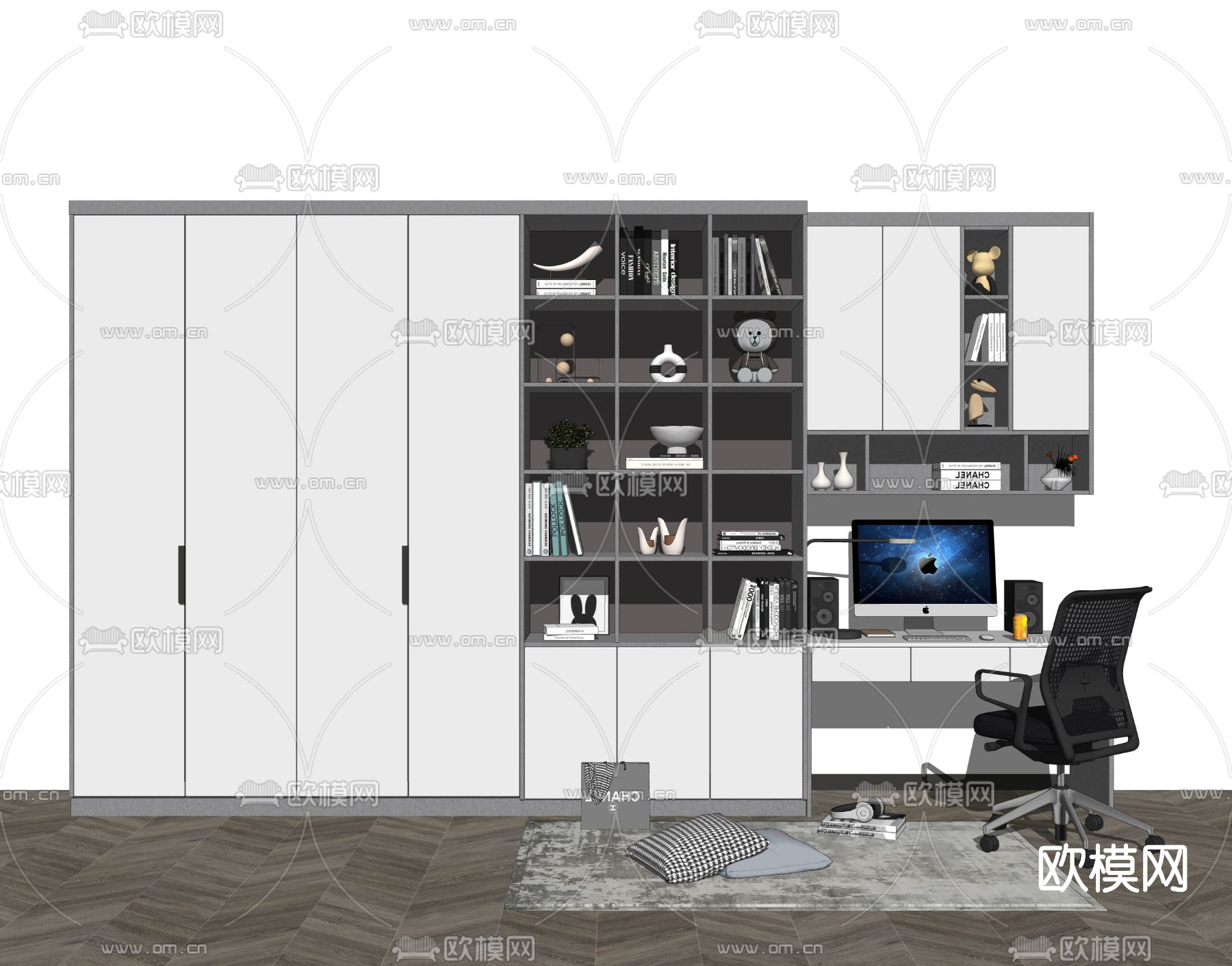 现代一体式书桌椅书柜su模型下载