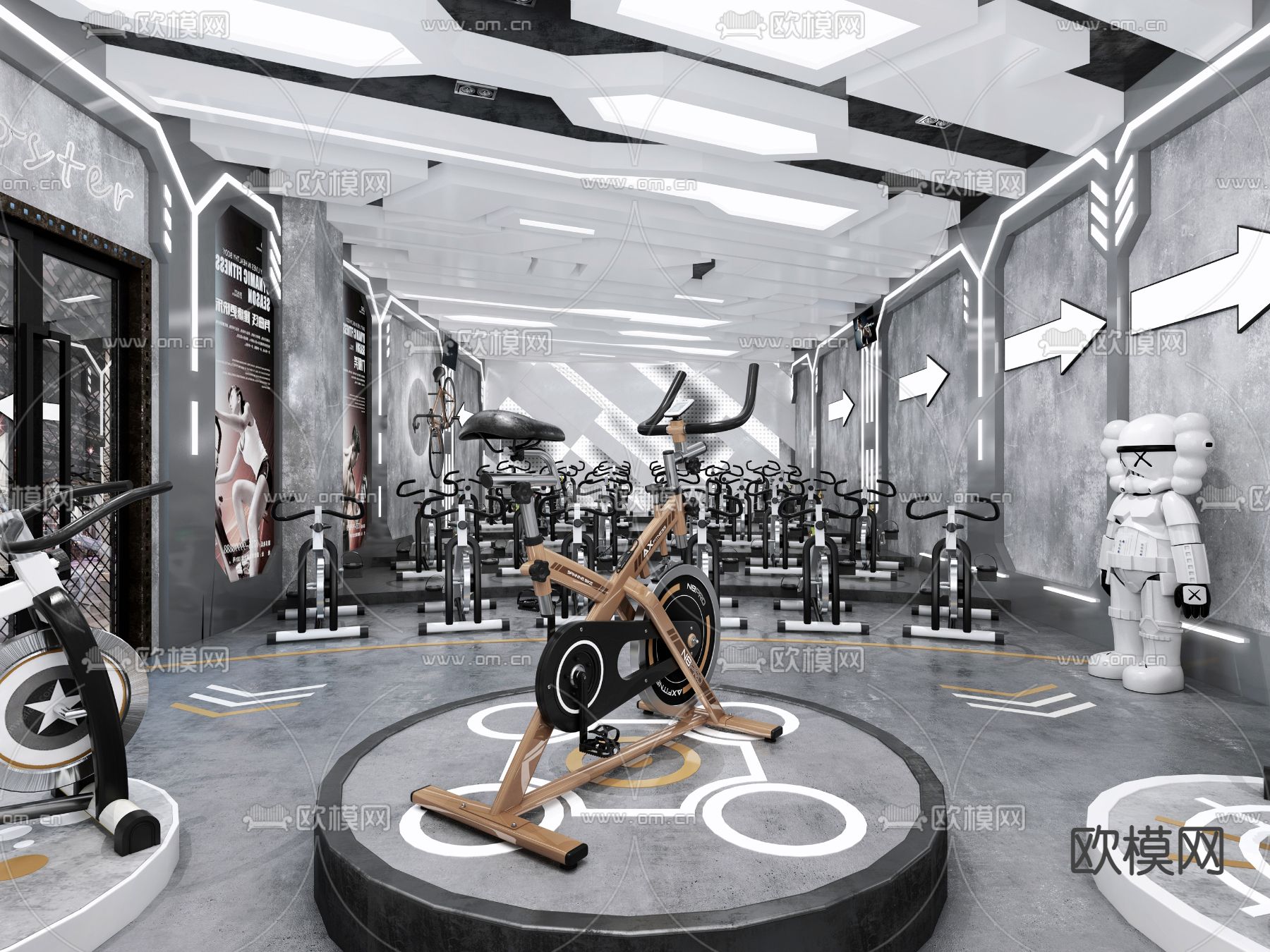 工业风健身单车专卖店3d模型下载（渲染图1）
