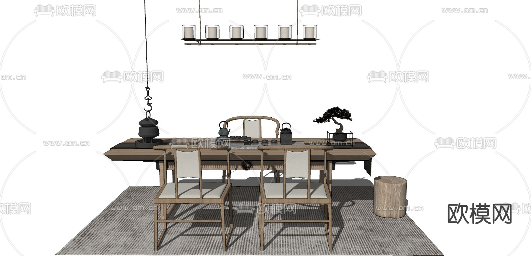 新中式实木茶桌椅su模型下载