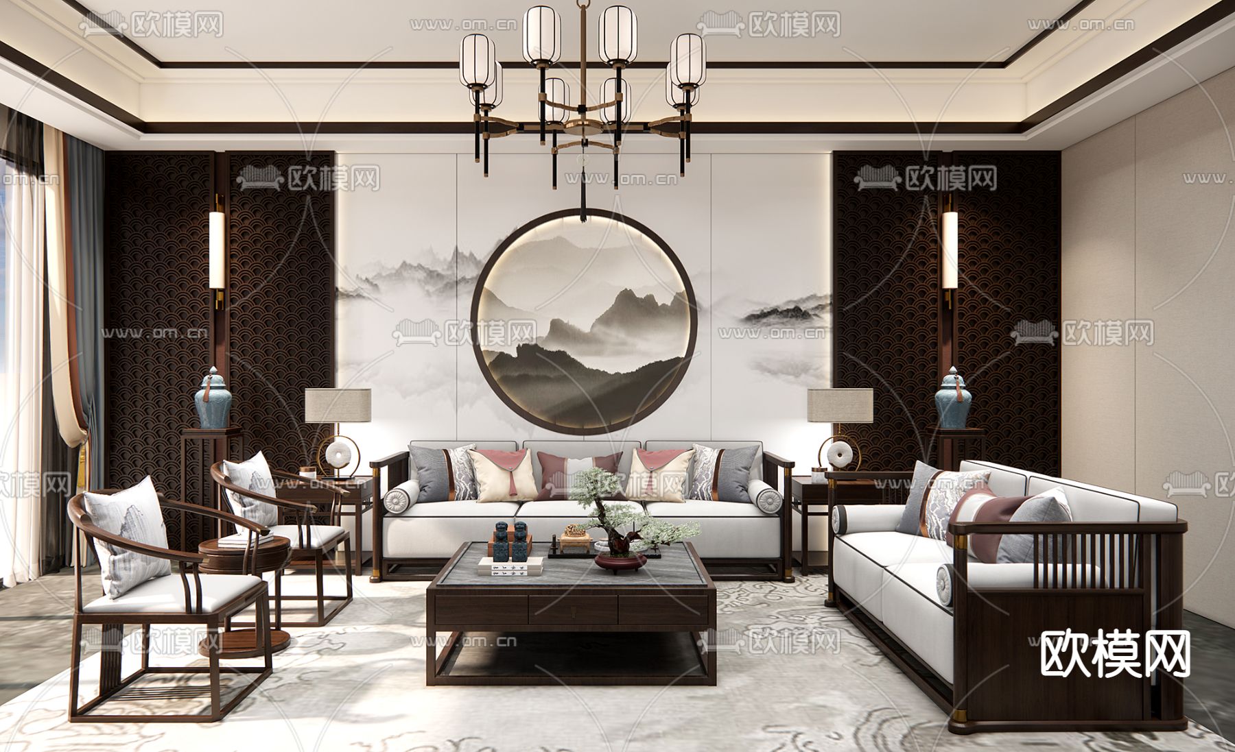 新中式客厅su模型下载