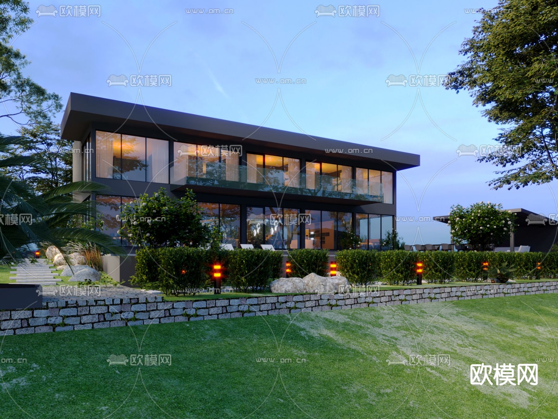 现代泳池别墅外观3d模型下载（渲染图1）