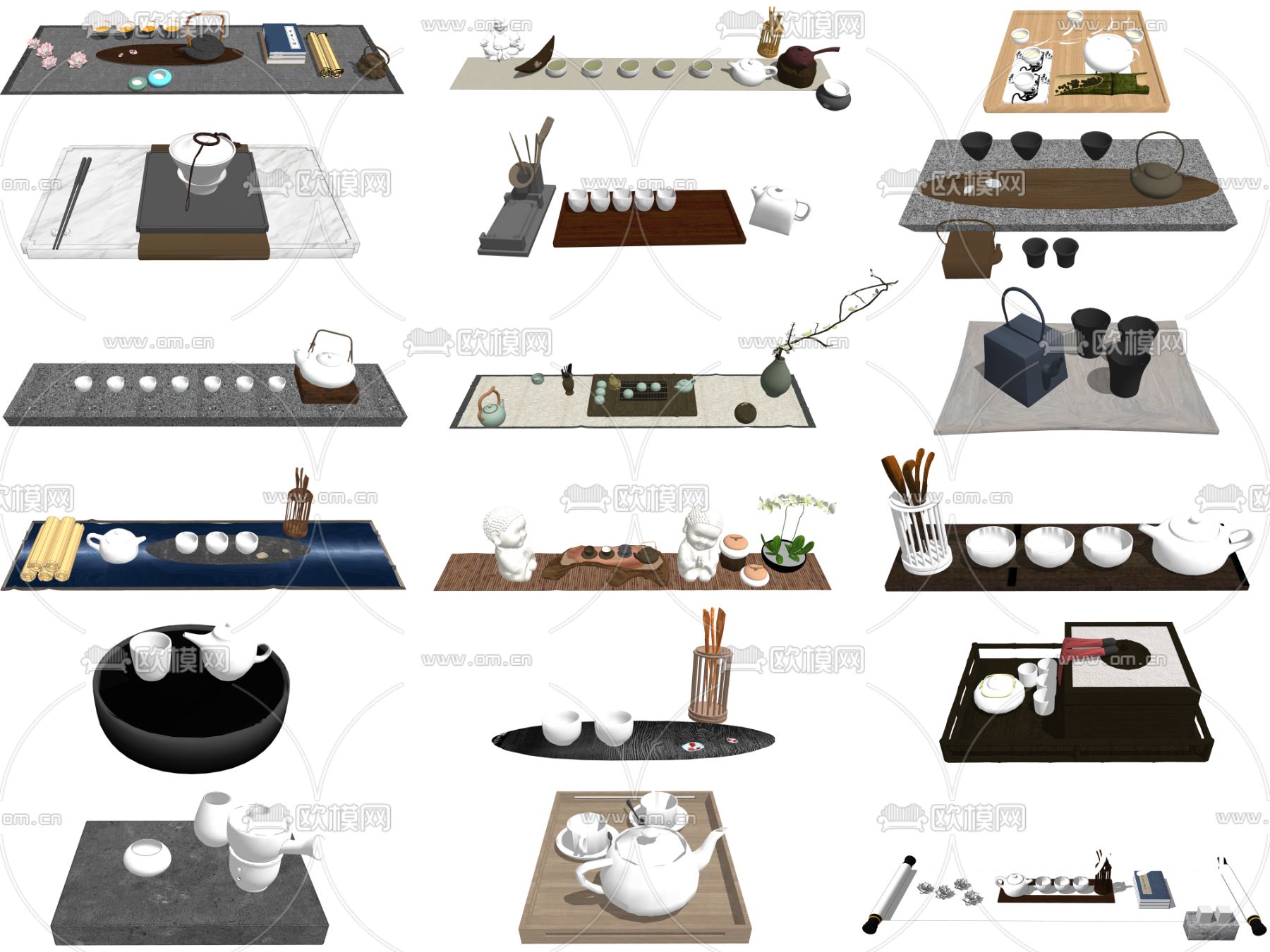 中式茶壶茶具茶盘su模型下载