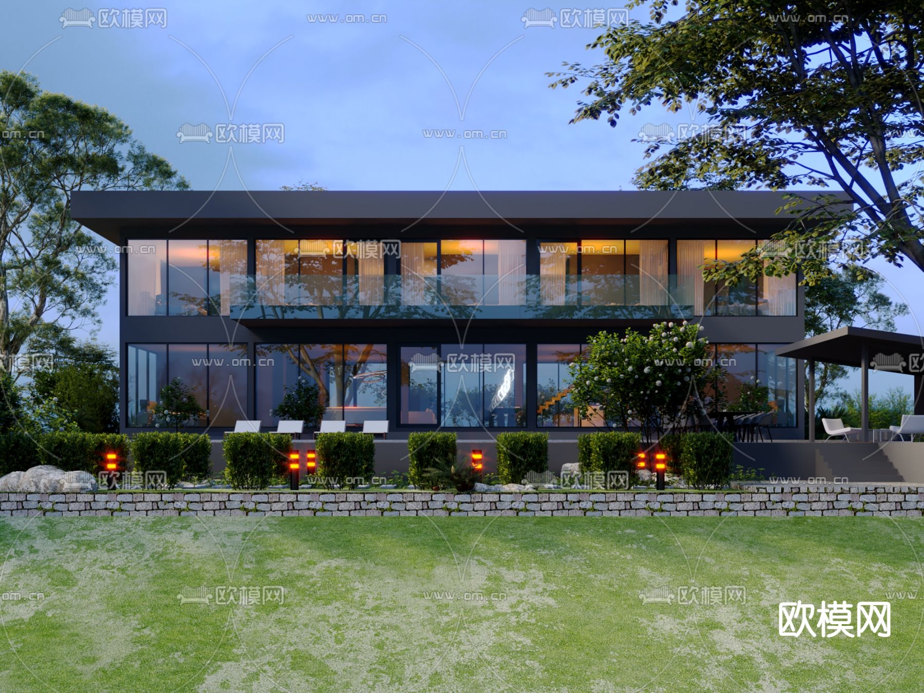 现代泳池别墅外观3d模型下载（渲染图2）