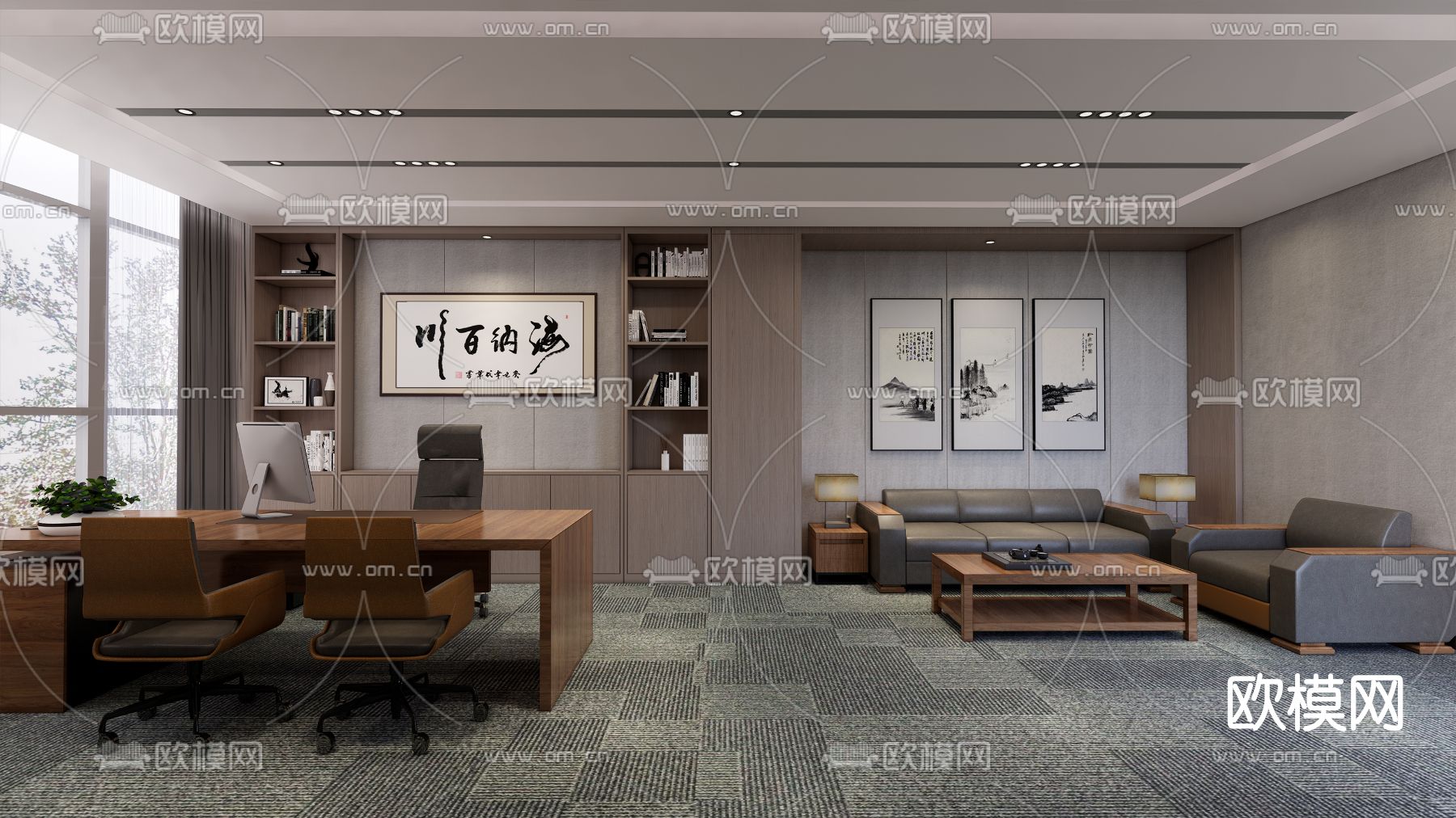新中式董事长办公室su模型下载（渲染图1）