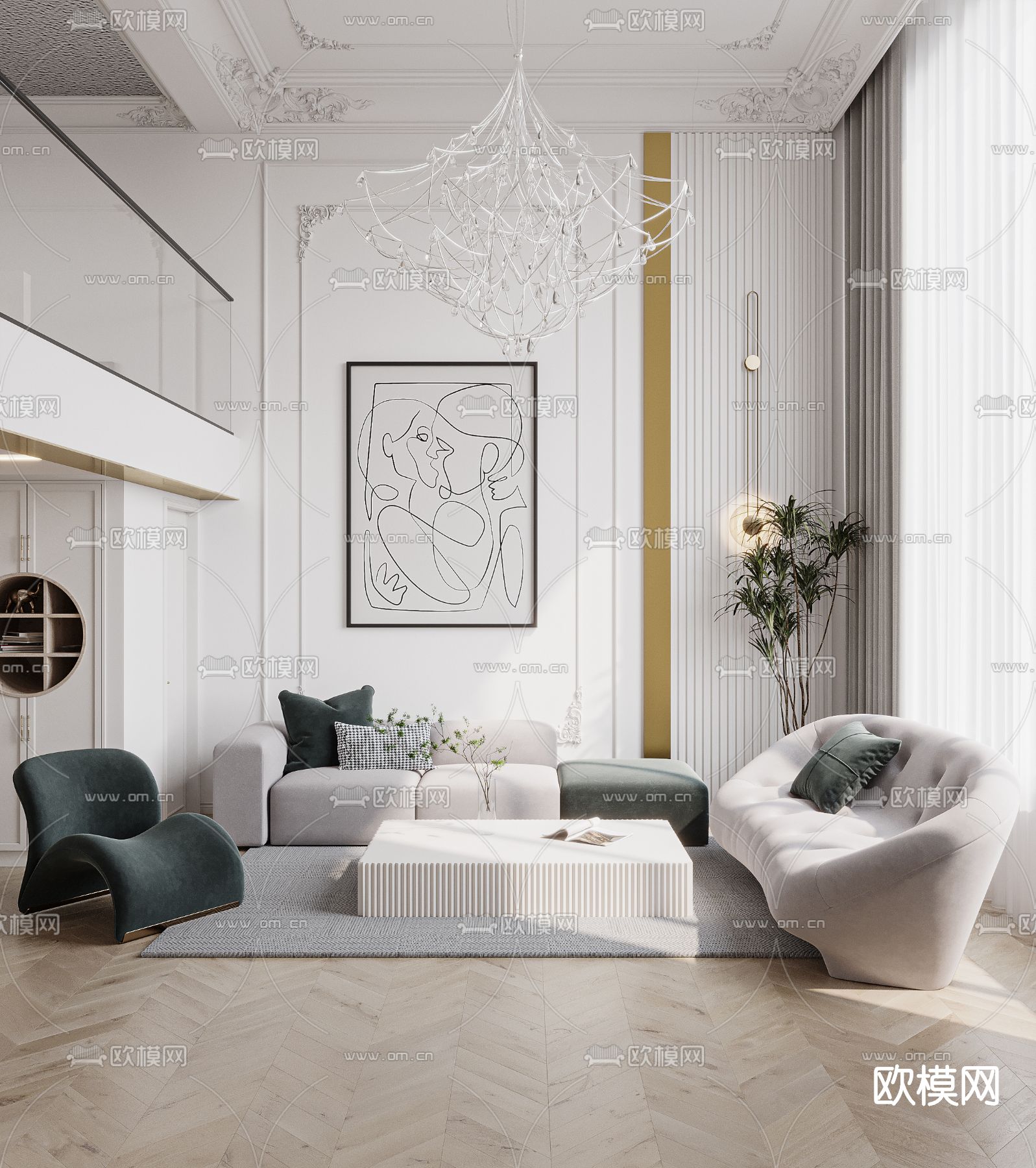 美式别墅客厅餐厅3d模型下载（渲染图1）