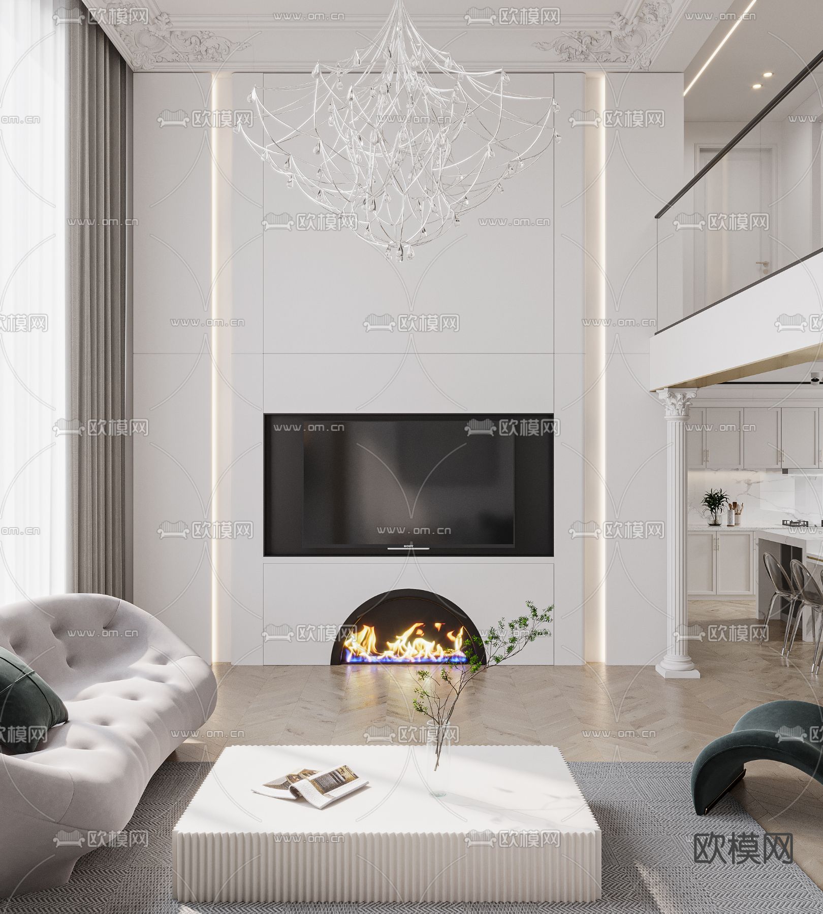 美式别墅客厅餐厅3d模型下载（渲染图2）