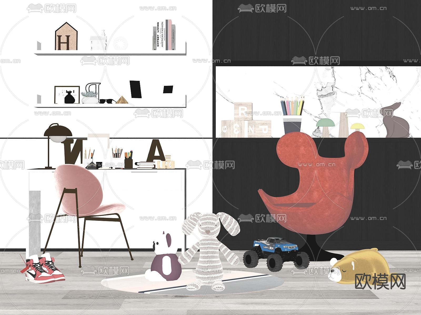 现代儿童书桌椅su模型下载（渲染图2）