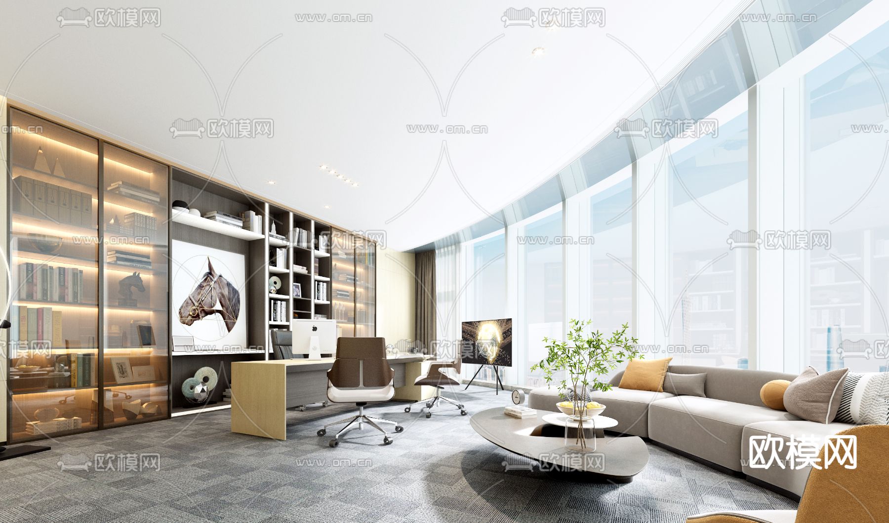 现代轻奢总经理室3d模型下载（渲染图1）
