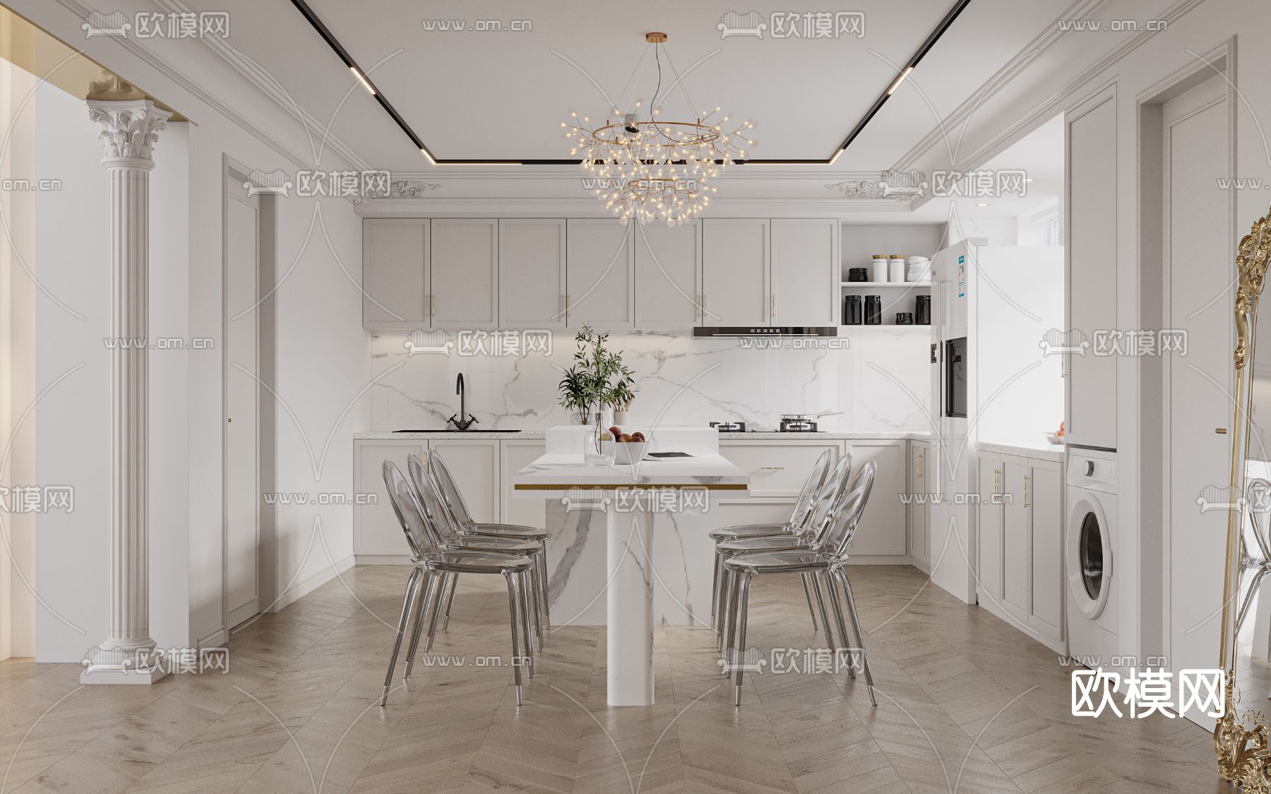 美式别墅客厅餐厅3d模型下载（渲染图3）