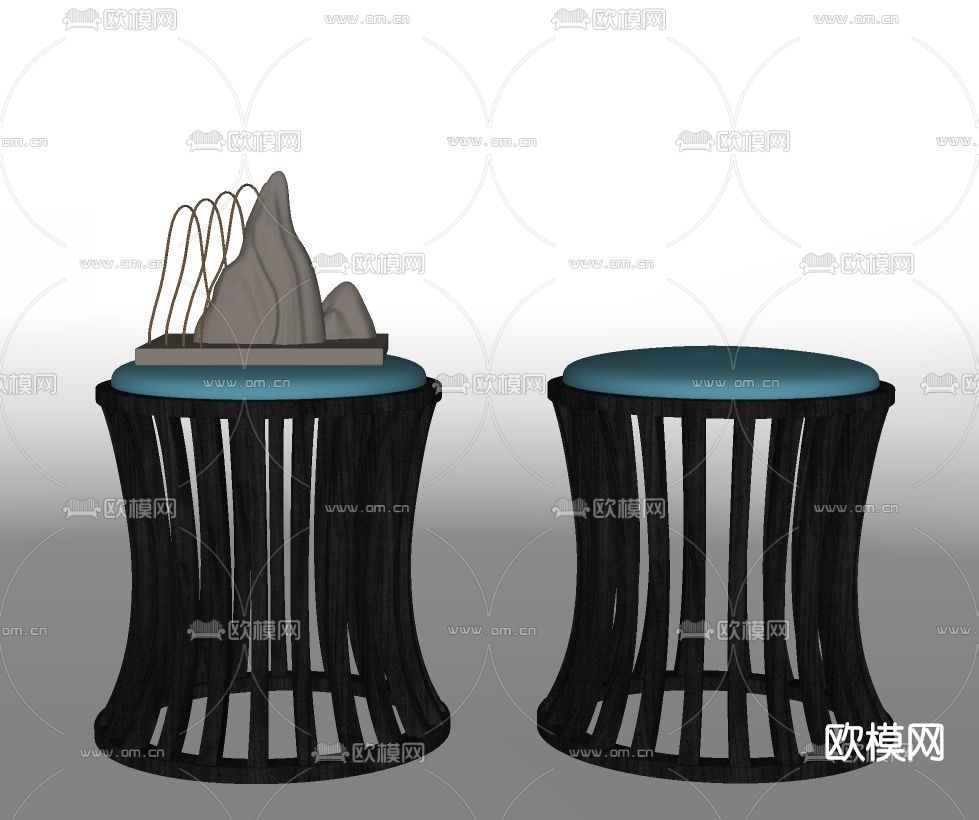 新中式凳子矮凳圆凳su模型下载（渲染图2）
