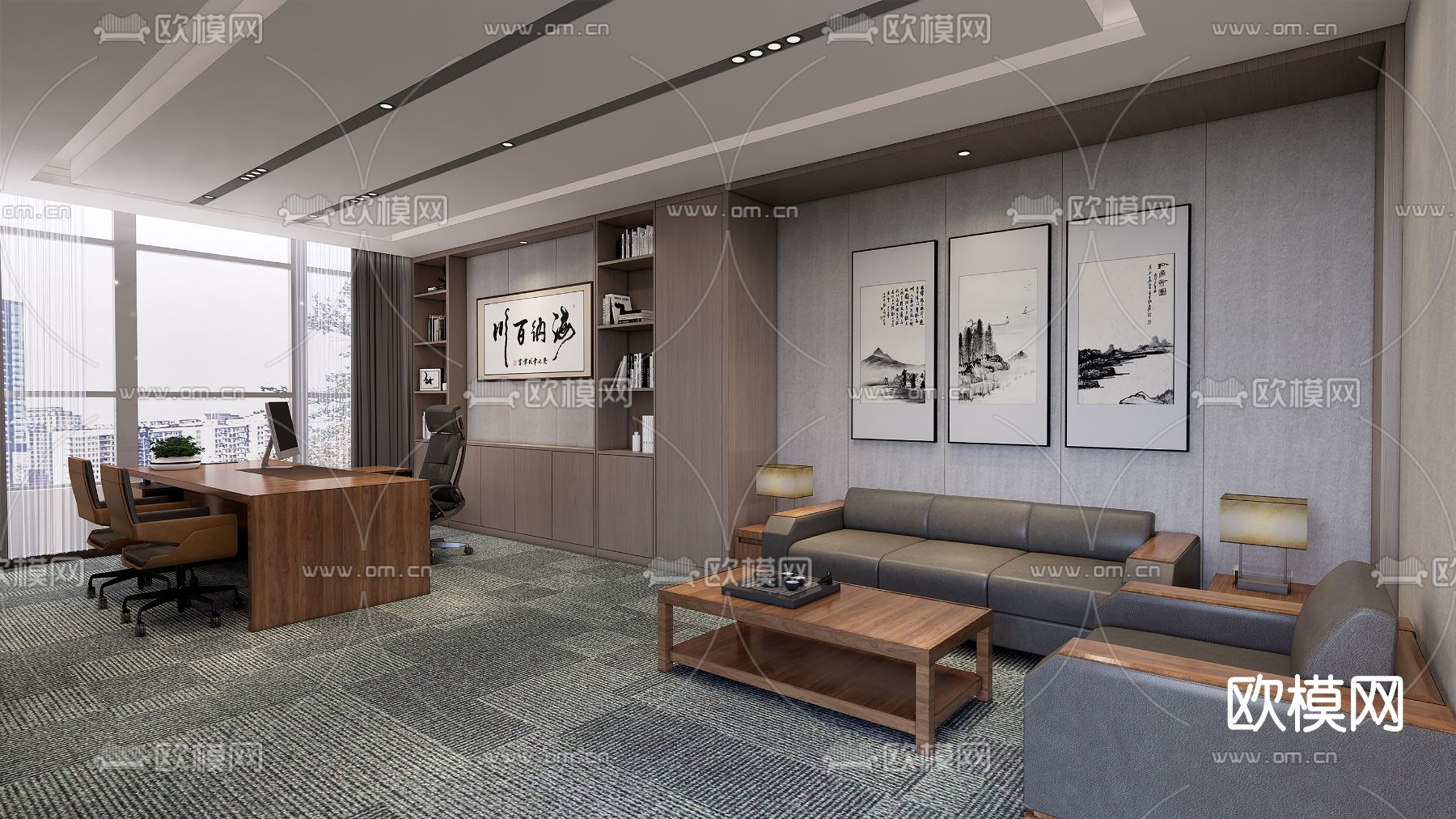 新中式董事长办公室su模型下载（渲染图2）
