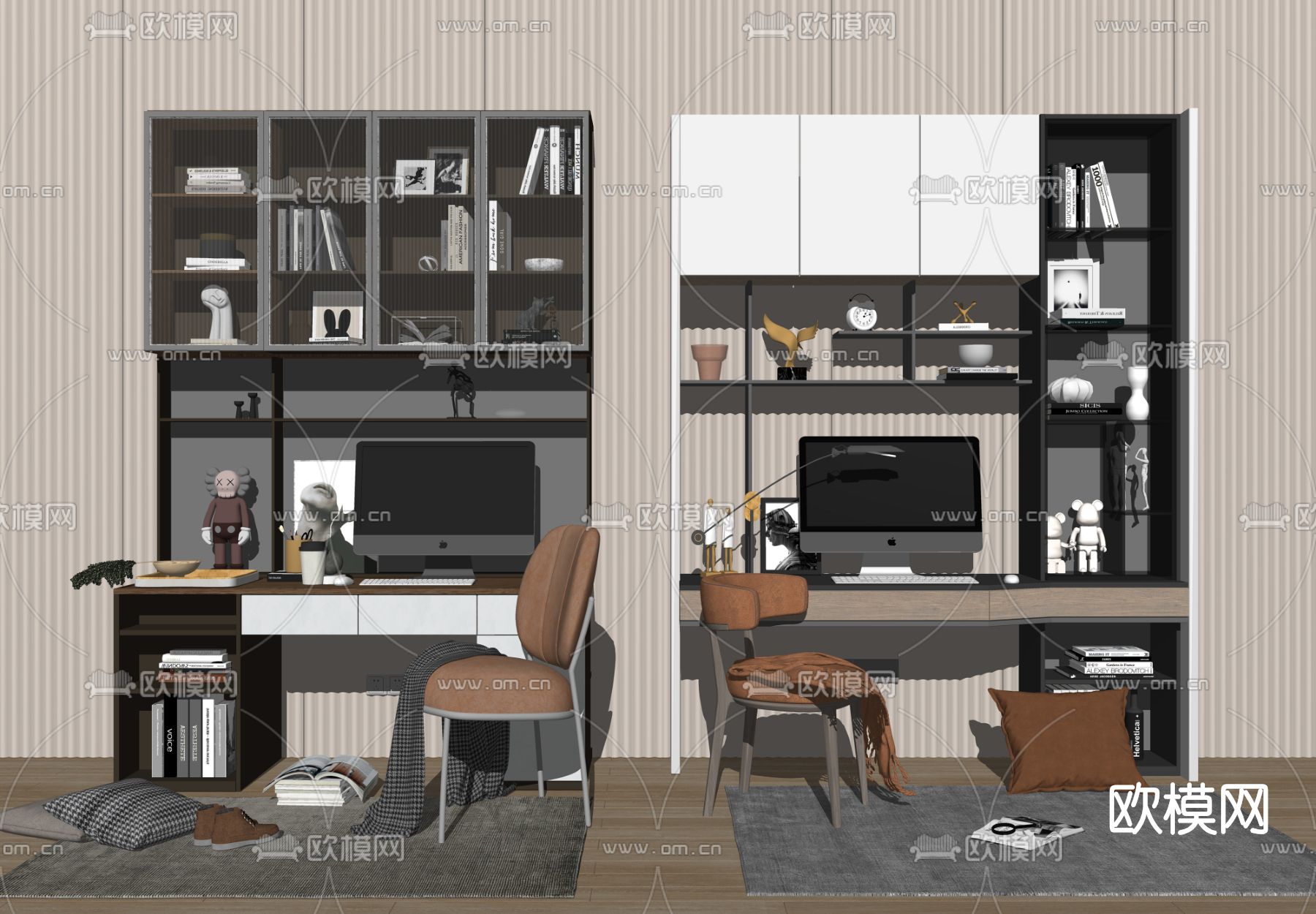 现代一体式书桌椅书柜su模型下载