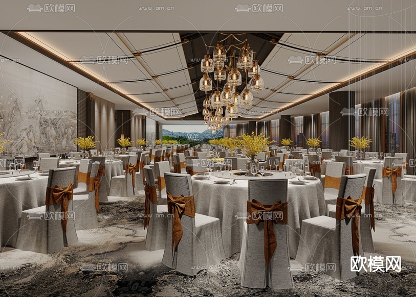 新中式酒店宴会厅3d模型下载