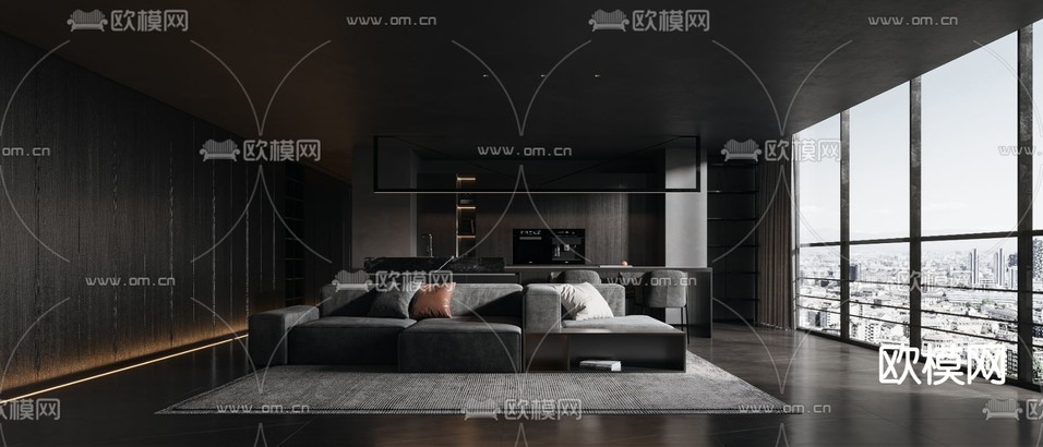 现代高级灰客餐厅3d模型下载(渲染图1)