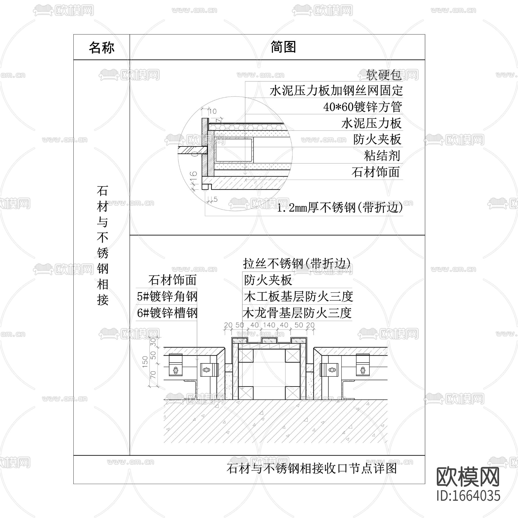 石材与不锈钢相接收口cad节点大样图下载
