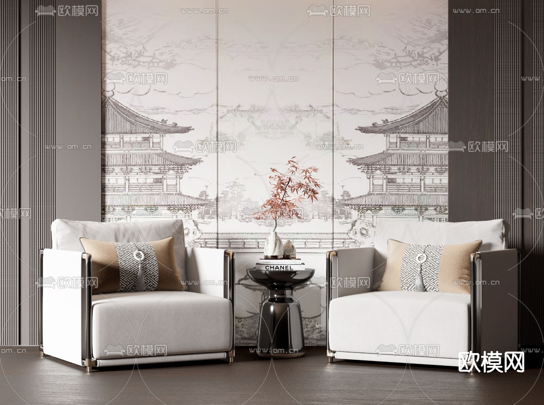 新中式布艺单人沙发3d模型下载