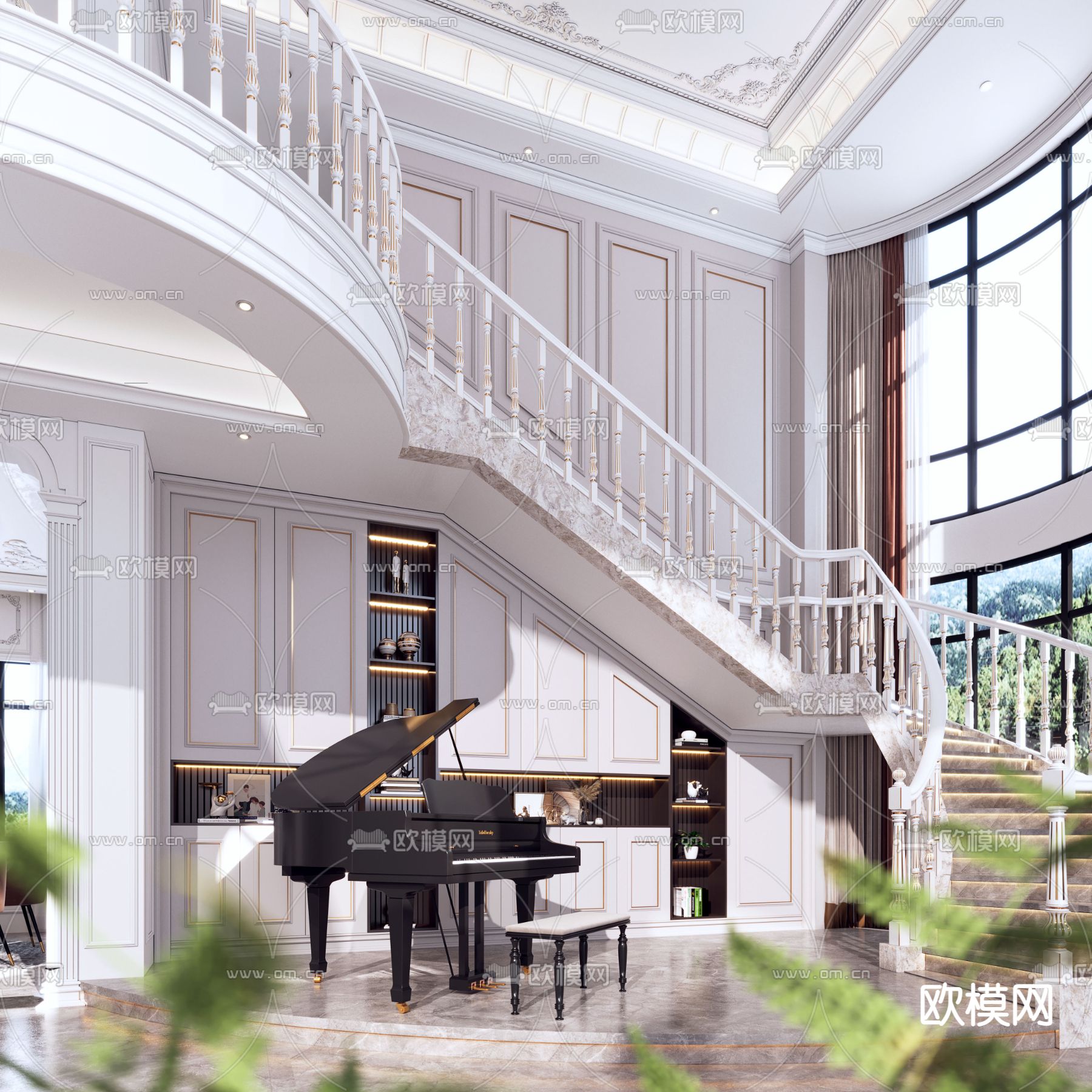 简欧别墅楼梯间钢琴区3d模型下载（渲染图2）