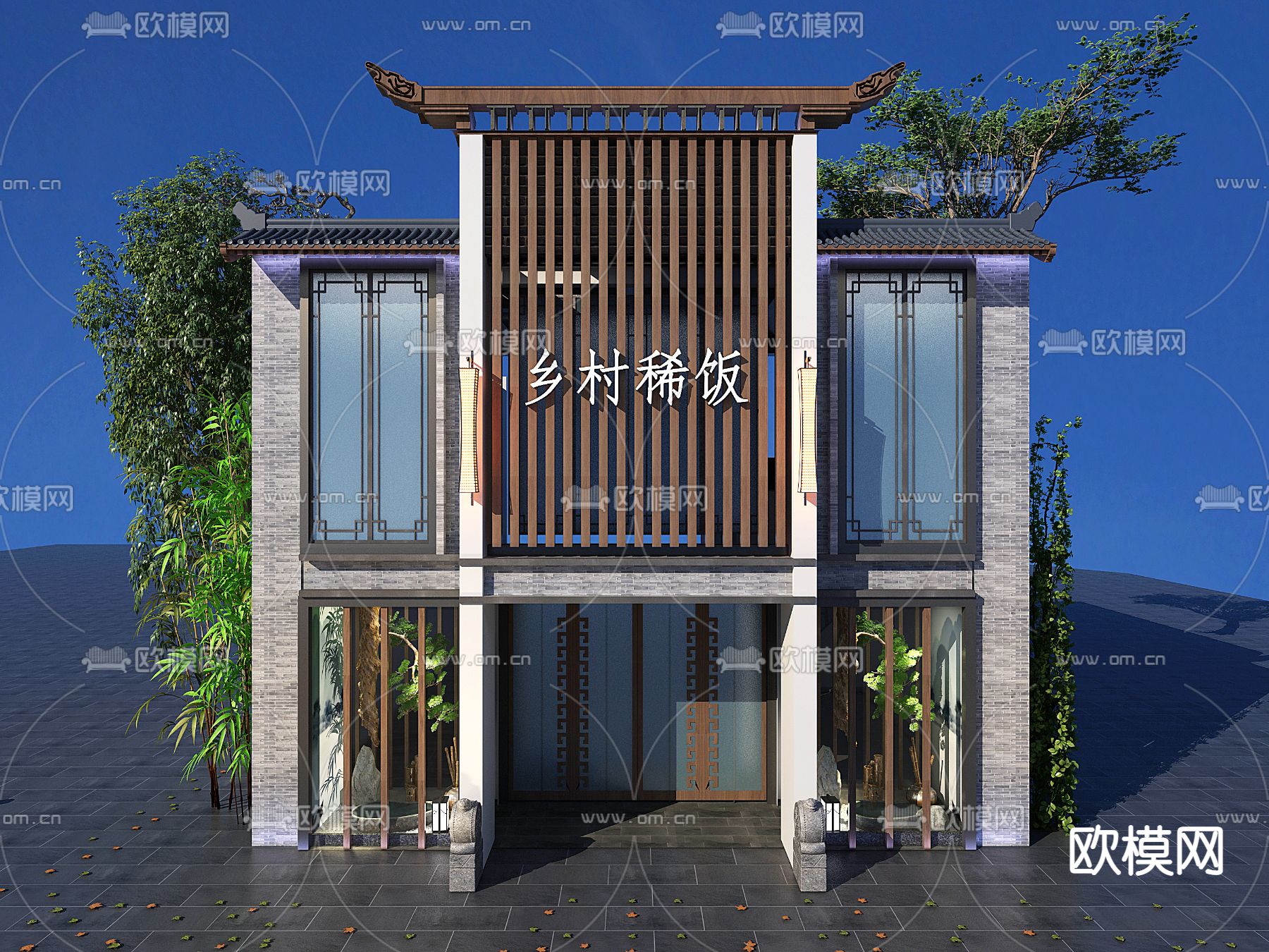 新中式饭店门头免费3d模型下载