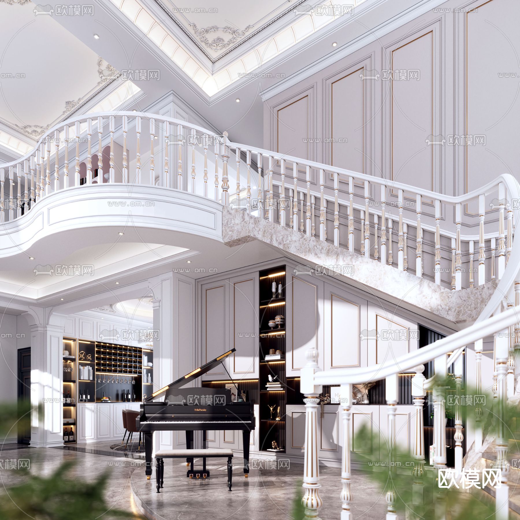 简欧别墅楼梯间钢琴区3d模型下载（渲染图1）