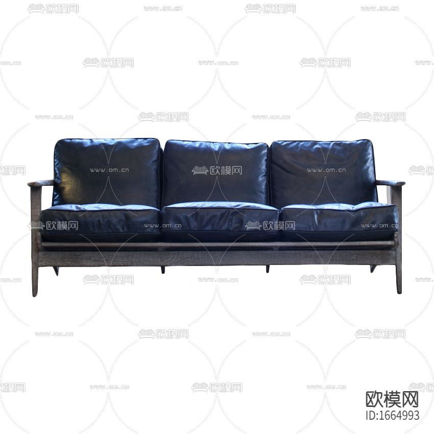 美式复古做旧蓝色皮革实木三人沙发下载