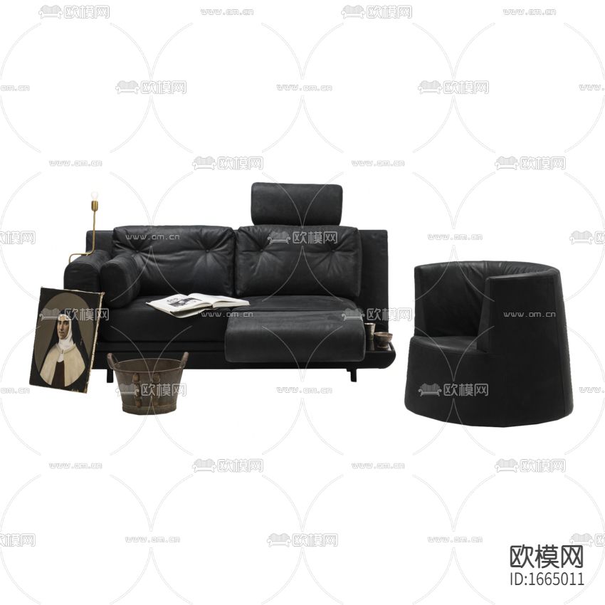 美式复古做旧黑色皮革多人沙发组合下载