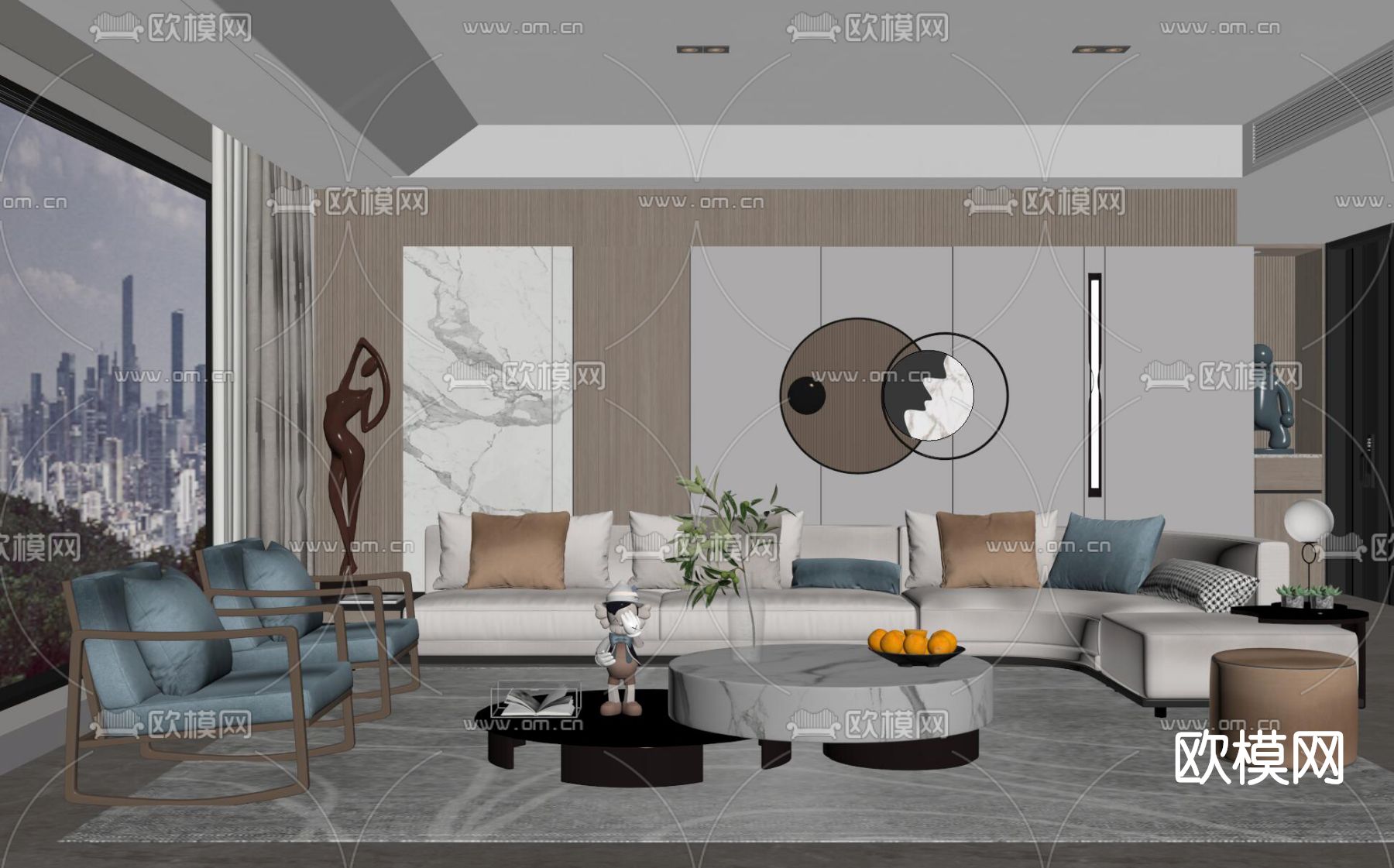 现代布艺沙发组合su模型下载（渲染图2）