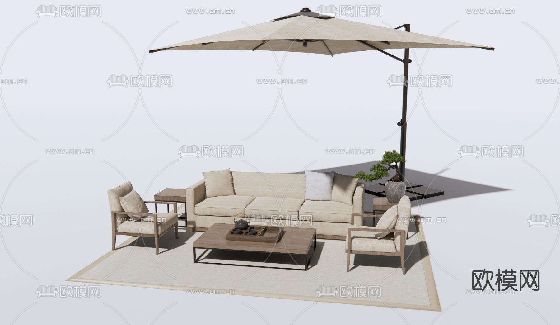 新中式户外沙发组合su模型下载（渲染图1）