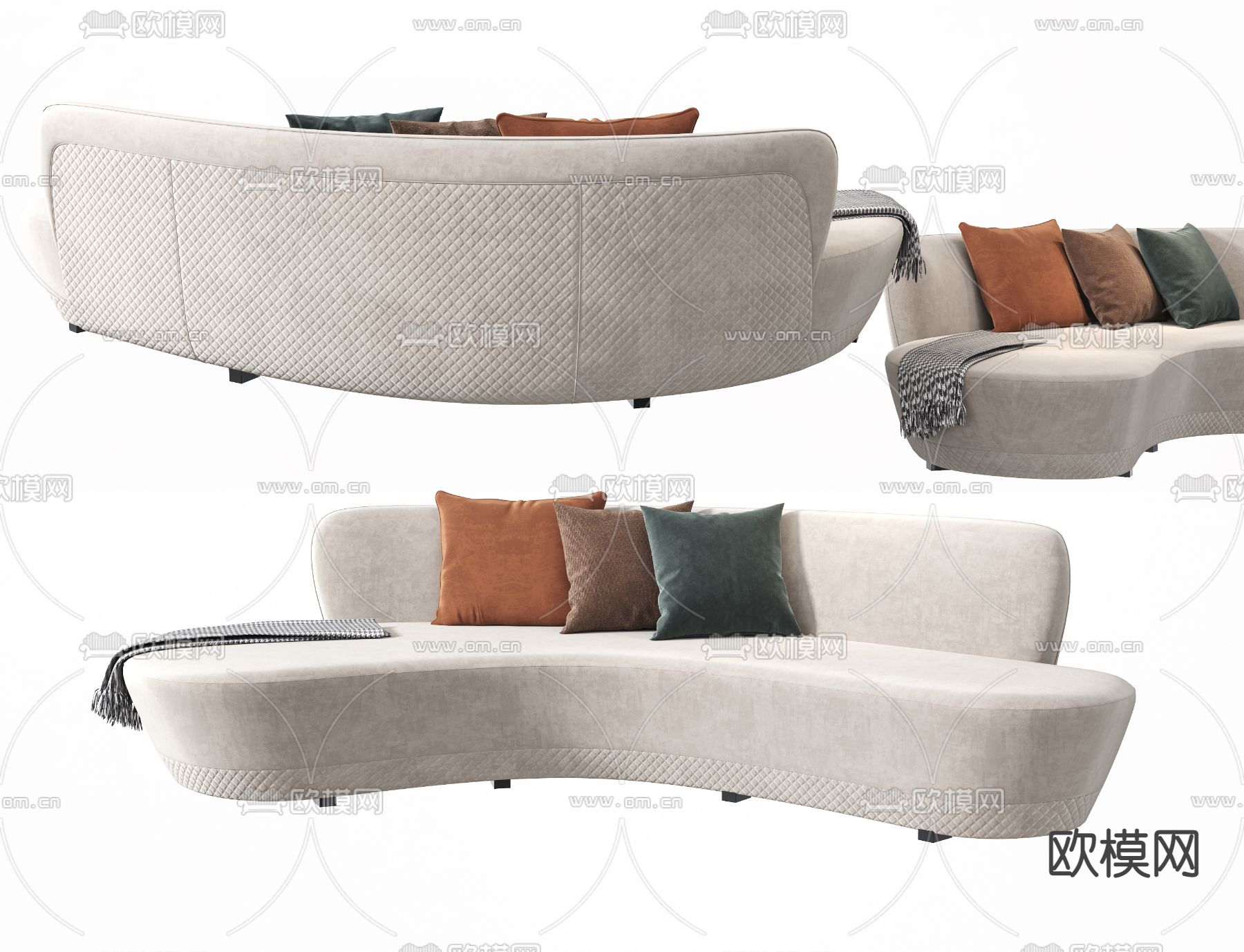 现代布艺弧形沙发3d模型下载（渲染图1）