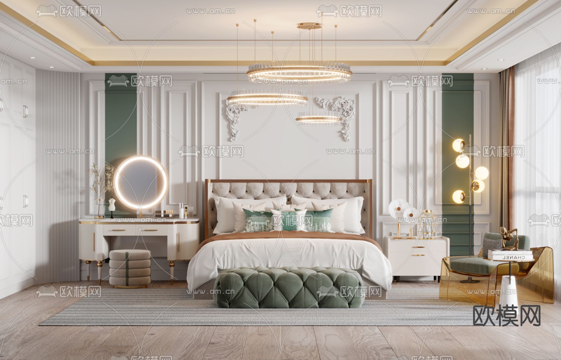 简欧轻奢卧室主人房3d模型下载（渲染图1）