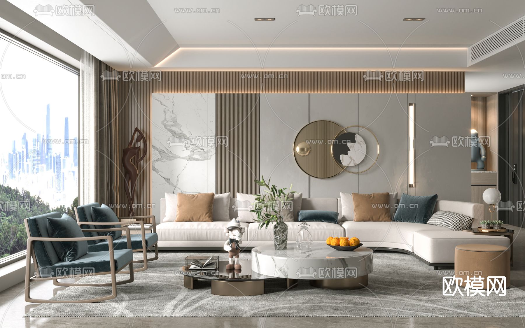 现代布艺沙发组合su模型下载（渲染图1）