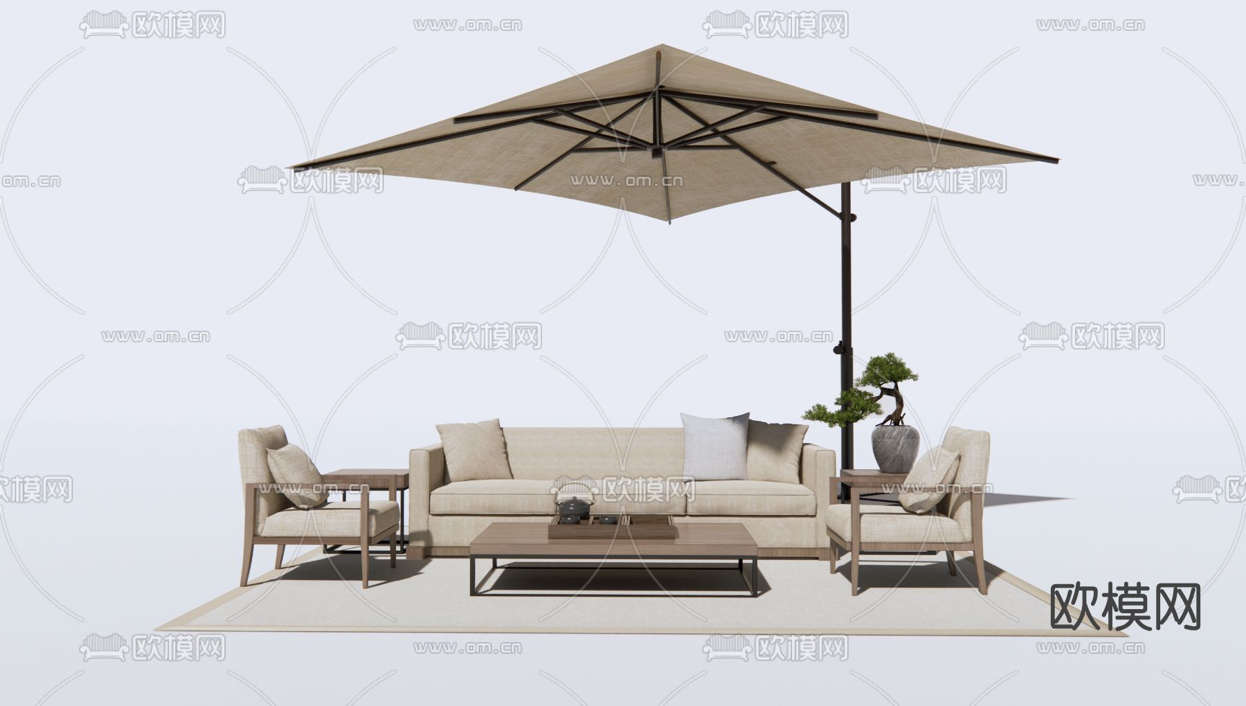 新中式户外沙发组合su模型下载（渲染图2）