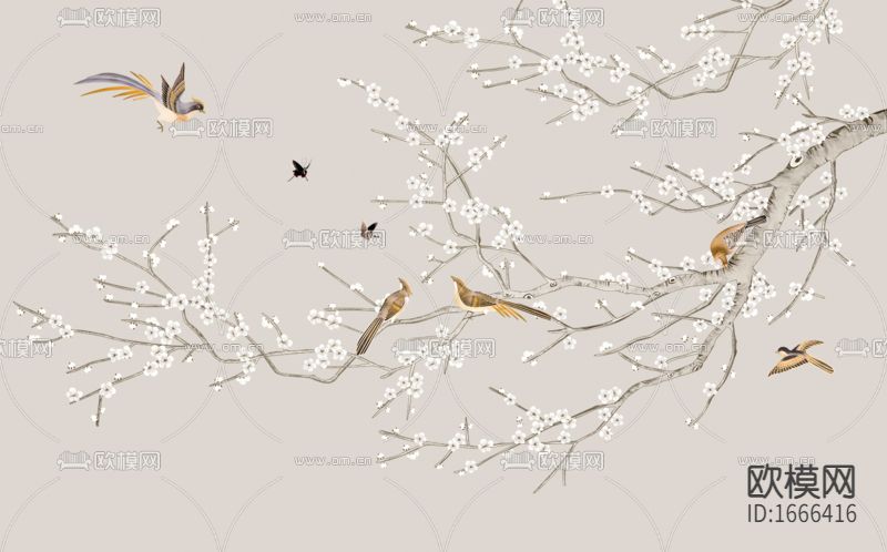 新中式禅意树枝小鸟印花壁纸下载