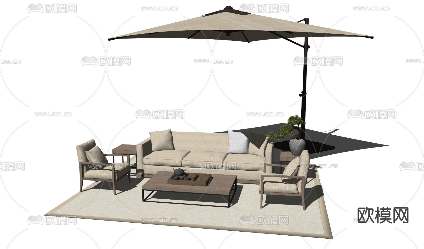新中式户外沙发组合su模型下载（渲染图3）