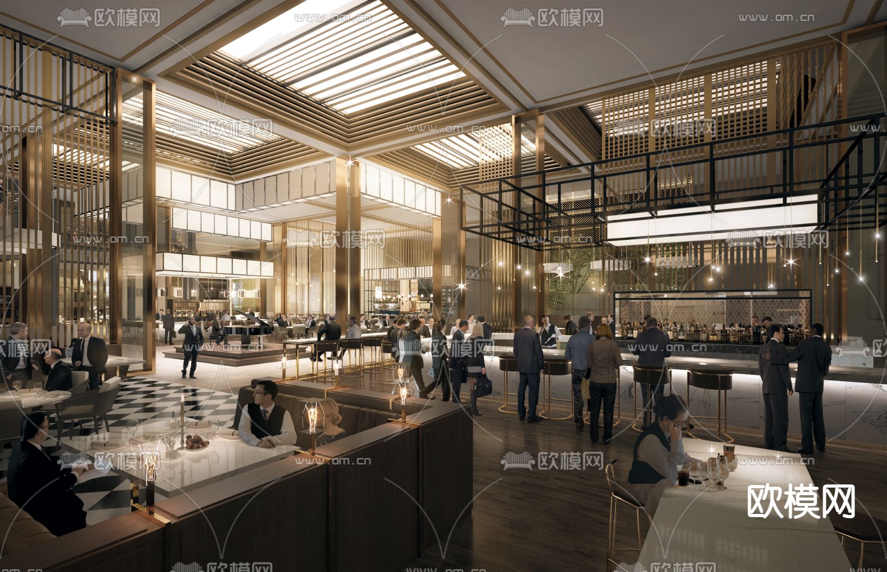 后现代轻奢酒店大堂吧3d模型下载