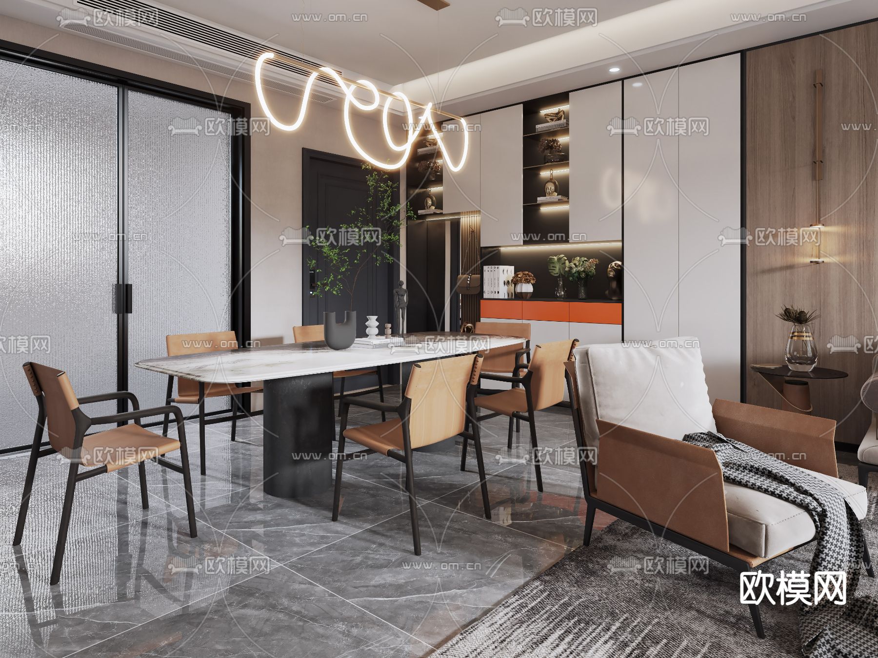 现代轻奢客餐厅3d模型下载（渲染图3）